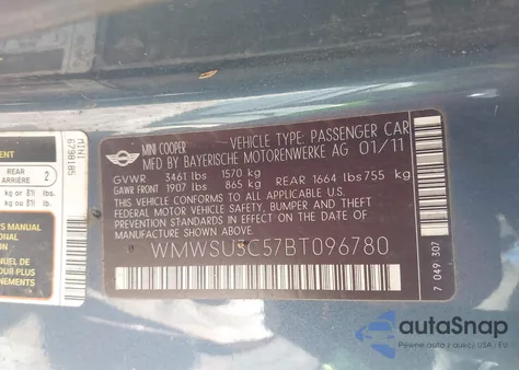 2011 Mini Cooper from USA, damaged, VIN WMWSU3C57BT096780